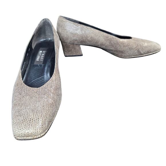 Stuart Weitzman Houndstooth Leather Slip Grey Square Italy Chunky Heel VTG Sz 10 - Picture 2 of 12